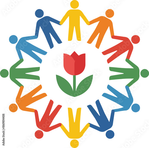 World Parkinson's Day awareness concept with group of diverse people holding hands in circle around red tulip flower icon symbol of support community and unity medical healthcare design.