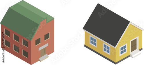 Set of isometric house vector illustrations, small suburban residential building and multi-story brick home icons