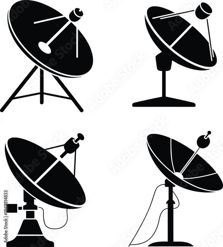 satellite, dish, antenna, silhouettes, communication, broadcasting, signal, radar, technology, space, telecommunications, receiver, transmission, vector, icons