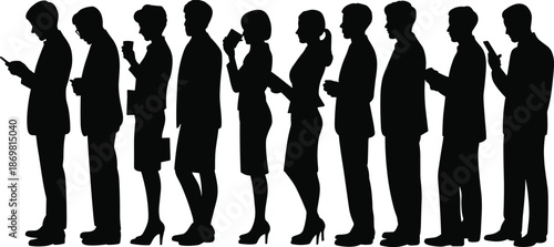 Business, people, silhouettes, waiting, queue, smartphone, usage, technology, addiction, communication, modern, lifestyle, social, media, concept
