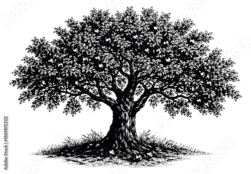 Hand drawn line art illustration of an apple tree depicting ripe apples and grass for nature and harvest themes