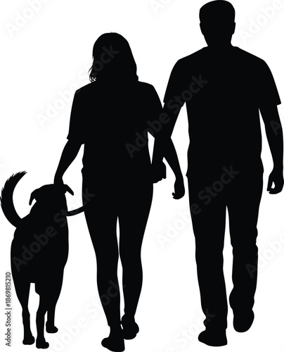couple walking dog silhouettes together, pet owners outdoor lifestyle, love companionship concept isolated white background
