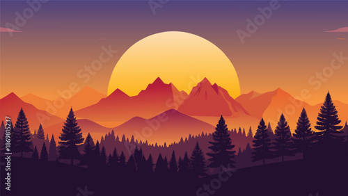 A minimalist digital illustration of a colorful sunset over a range of stylized mountains and pine forests