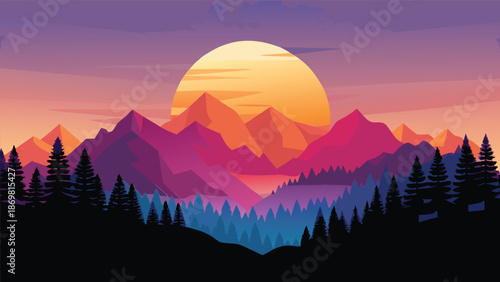 A minimalist illustration of a tranquil mountain landscape with snow-capped peaks and a stylized setting sun