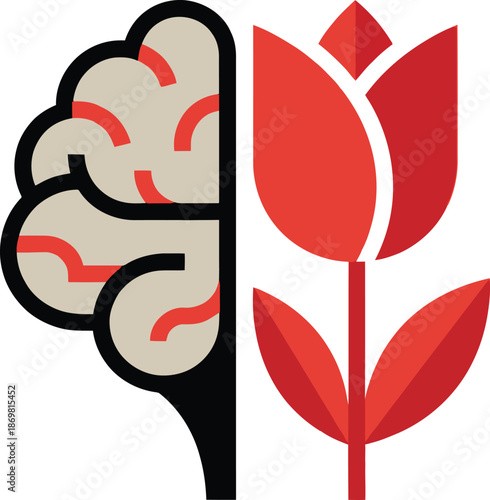World Parkinson's Day awareness concept with half human brain and half red tulip flower icon symbol of neurological disease support medical healthcare sign logo design for global event.