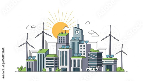 Eco friendly cityscape with wind turbines and solar panels on green rooftops under sunny sky