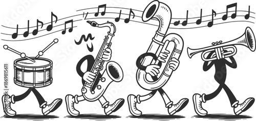 Marching Band Music Notes Cartoon Illustration, Vintage Black and White Instrument Art.