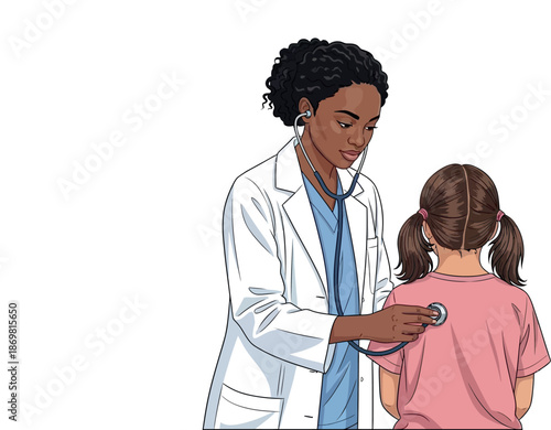 Illustration of a black female doctor listening to a young girl patient's back with a stethoscope, on a white background