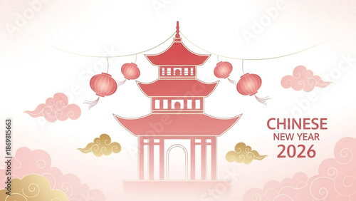 Chinese New Year 2026 Illustration with Red Pagoda and Lanterns