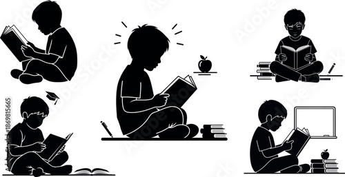 Boy Studying Silhouette Set - Children Reading Books and Learning Icons. Juvenile Homo sapiens Education Graphics for School, Literacy, and Academic Success.