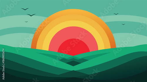 Stylized flat design sunset over green rolling hills or ocean waves with vibrant colors