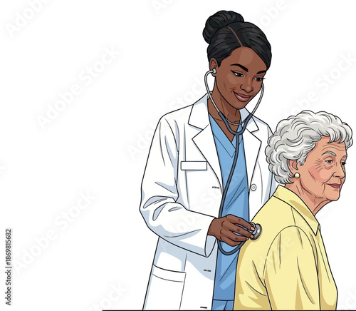 Illustration of a black female doctor listening to her elderly female patient's back with a stethoscope, on a white background