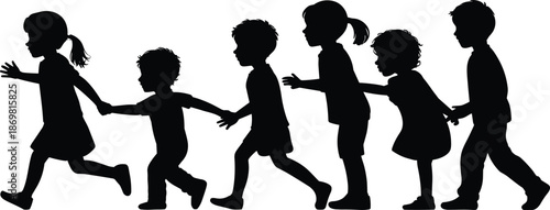 Children silhouettes holding hands walking running together playful kids childhood activity isolated white background vector