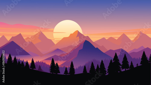 A colorful minimalist vector illustration of a mountain landscape at sunrise or sunset