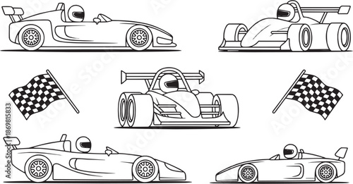Racing car doodle illustration set. Motorsport vehicles, flags and speed elements in sketch style. Vector illustration.