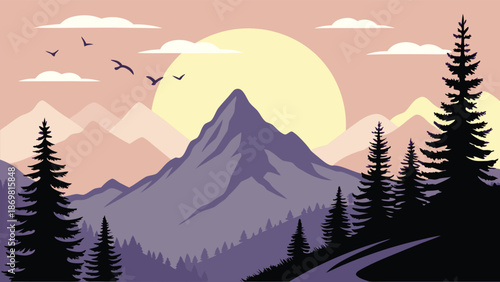 A beautiful illustration of a tranquil mountain landscape during a warm sunset or sunrise