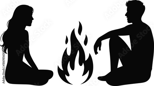 Couple silhouettes sitting by campfire talking romance relationship outdoor night camping isolated white background vector