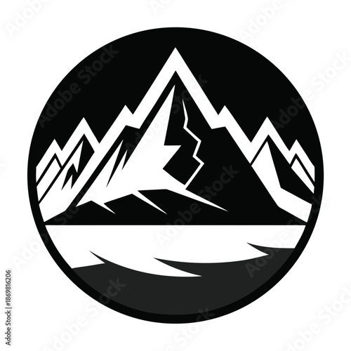 Title: A black and white circular of a mountain range with sharp peaks and a horizontal line