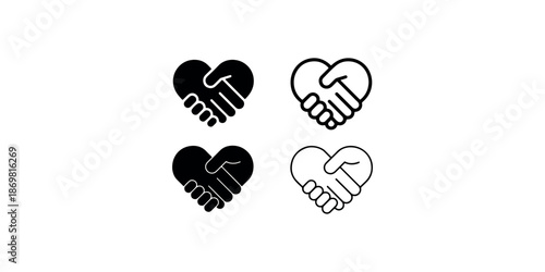 Heart shaped handshake icon set representing love unity partnership and community support