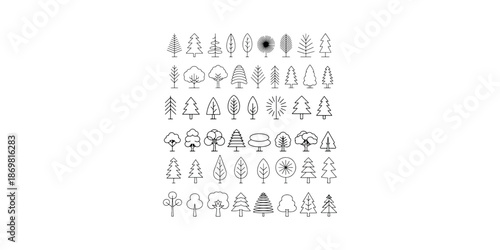 Collection of various linear tree icons for architectural site planning and landscape maps