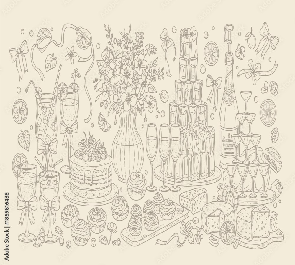 Obraz premium A vintage sketch displaying a lavish assortment of cakes desserts and drinks