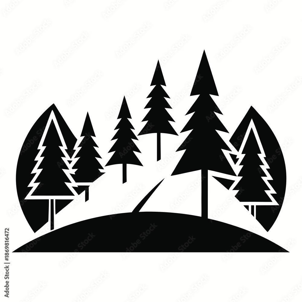 Fototapeta premium Title: A stylized black and white of a mountain landscape with evergreen trees and a starry sky