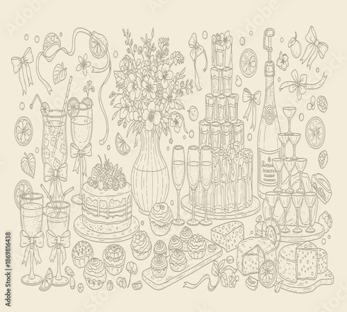 A vintage sketch displaying a lavish assortment of cakes desserts and drinks