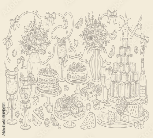 Vintage sketched illustration of a lavish dessert table with cakes and treats