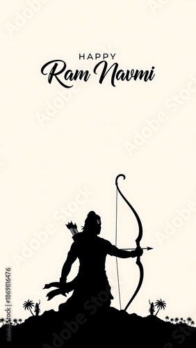 Happy ram navmi greeting card with lord rama silhouette holding bow and arrow on beige background