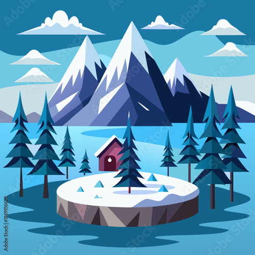Title: A cozy cabin in the snow surrounded by pine trees and towering mountains under a clear
