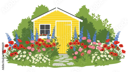 A charming yellow shed surrounded by a vibrant garden of colorful flowers