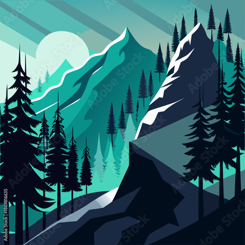 Title: Mountain landscape with a full moon and dense forest of tall pine trees under a starry