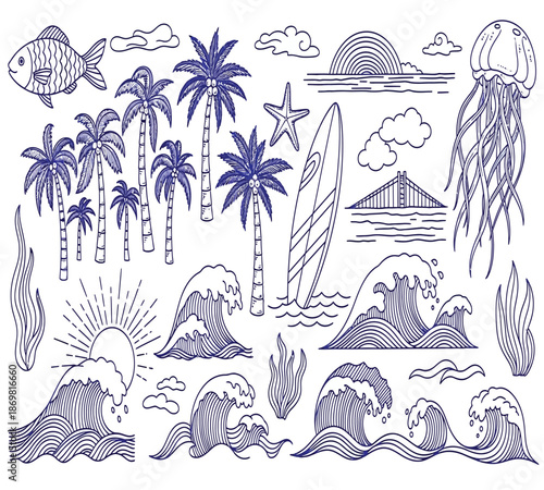 A blue line art illustration depicting a tropical beach scene with marine life