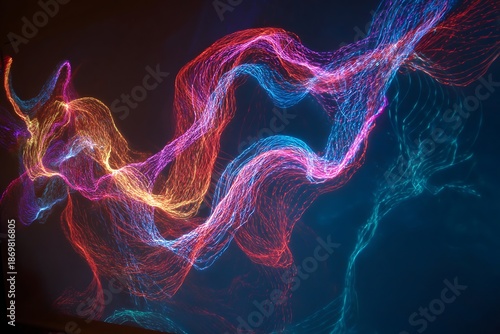 Vivid streams of glowing particle energy undulate across a dark background