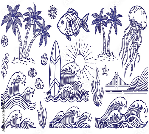 Vintage style illustration of tropical sea life and coastal elements