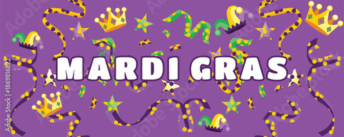 Purple Mardi Gras Carnival Banner with Crowns, Jester Hat and Confetti, Royal Festive Celebration