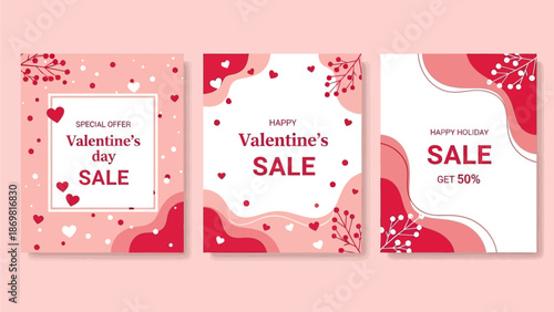 Valentine's Day sale posters with hearts and flowers on pink background, viewed from a straight-on perspective, showcasing abstract designs for a promotional campaign