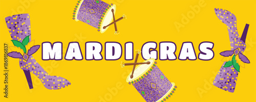Yellow Mardi Gras Carnival Banner with Festival Shoes, Costumes and Drums, Dynamic Celebration Background