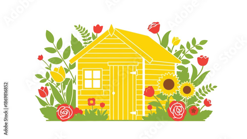 A charming yellow house surrounded by colorful blooming flowers and lush greenery