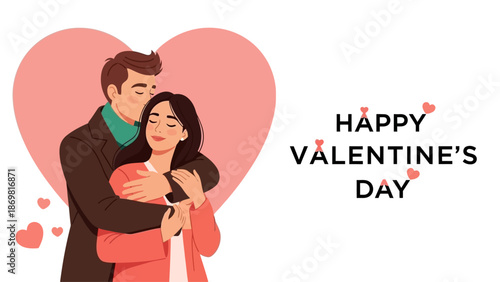 Couple embracing on Valentine's Day with heart-shaped background and festive text