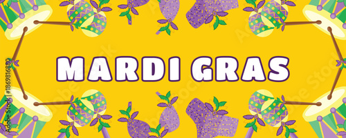Yellow Mardi Gras Festival Banner with Carnival Costumes, Maracas and Drums, Music and Celebration