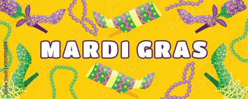 Yellow Mardi Gras Carnival Banner with Feathered Festival Shoes and Beads, Bright Party Background