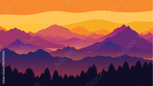 A stylized vibrant layered mountain range landscape illustration at sunset or sunrise
