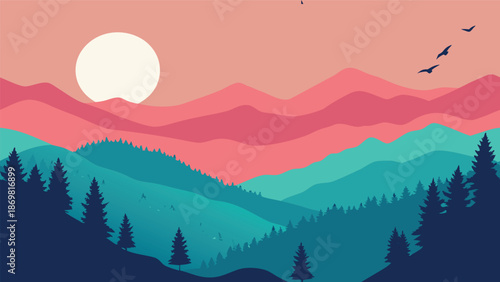 Stylized colorful landscape illustration depicting a serene mountain range at sunrise