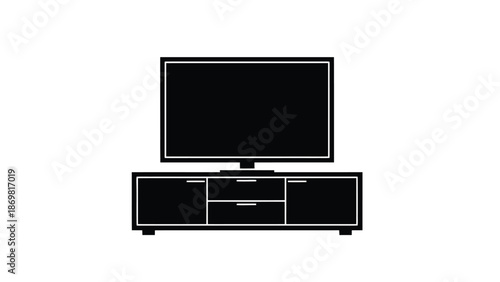 A simple illustration of a black flat screen television and tv stand