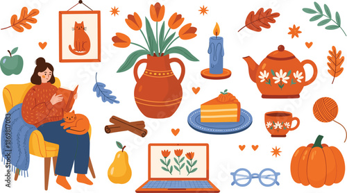 Cozy autumn lifestyle illustration with woman reading, tea set, pumpkin, flowers, and warm home decor in flat vector style