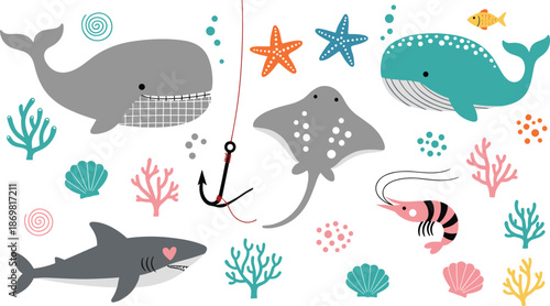 Cute ocean animals set with whale, shark, stingray, shrimp, and coral elements in playful flat vector illustration