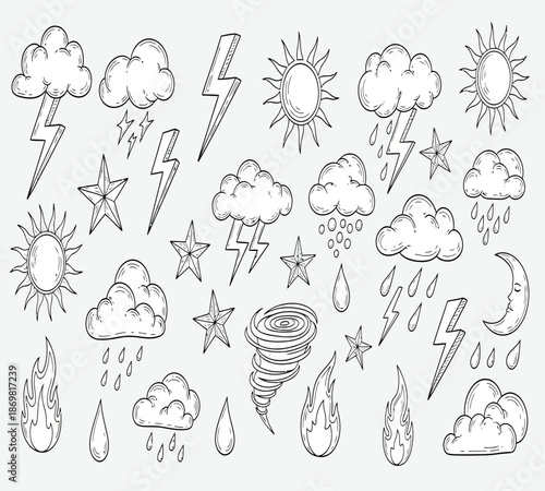 A collection of hand drawn weather icons including suns clouds and lightning bolts
