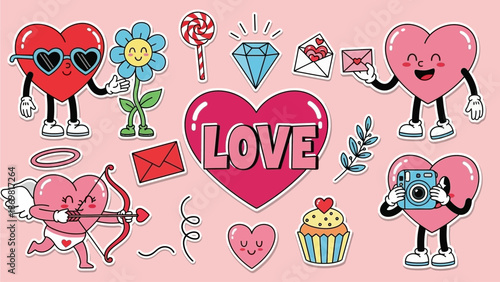 Cartoon hearts and cupid celebrating love with gifts and sweets in a playful illustration