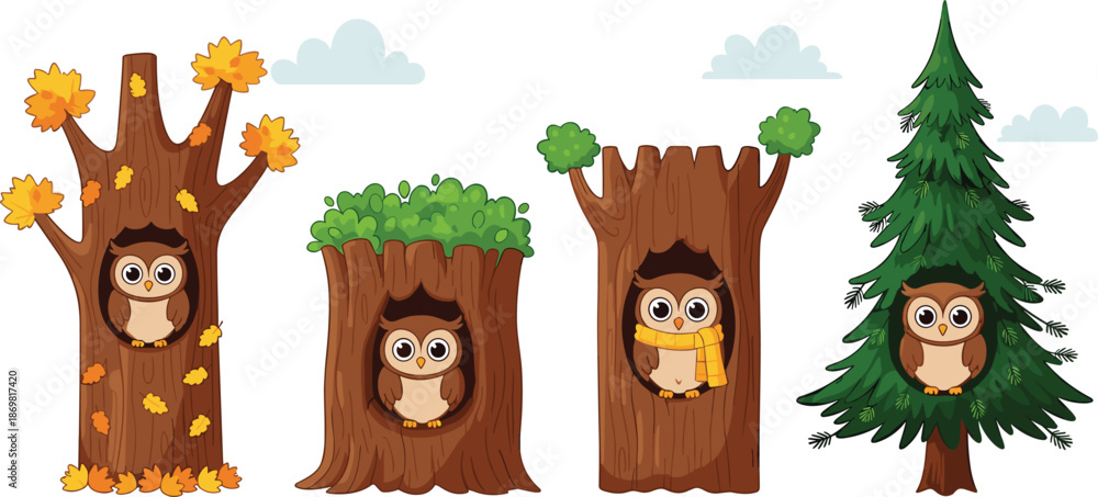 Fototapeta premium Cute owl characters sitting inside tree trunks across seasons in playful flat vector illustration for kids designs